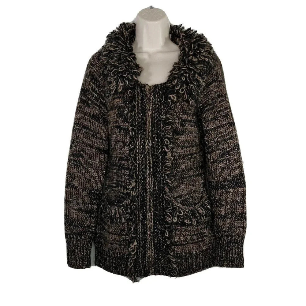 Leifsdottir Anthropologie Zip up Cardigan Sweater Size S Brown Black Metallic